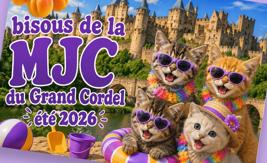 Carte postale kistch avec écrit "bisous de la MJC du Grand Cordel, été 2026"